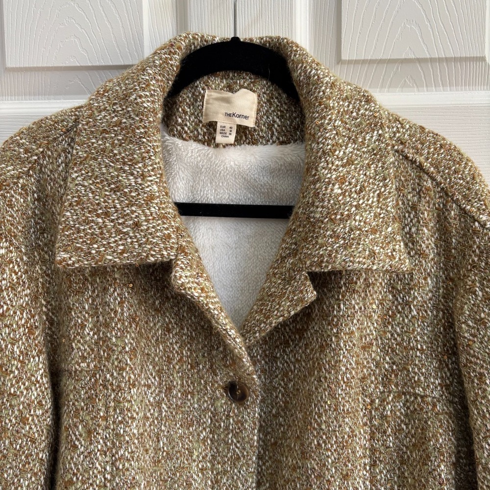 Anthropologie The Korner Womens Bomber Tweed Brown/Gold Sherpa Lined Button SZ M